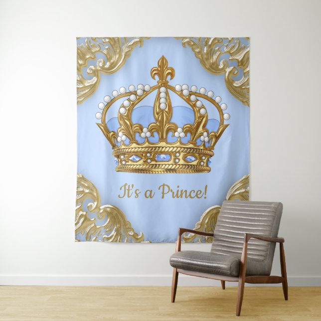 Baby Blue Gold Prince Baby Shower Backdrop (In Situ)