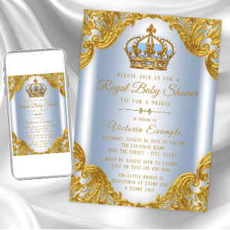 Baby Blue Gold Prince Baby Shower Invitations
