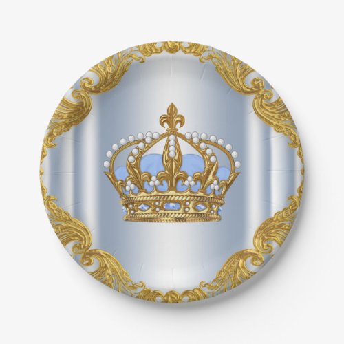 Baby Blue Gold Prince Baby Shower Paper Plates