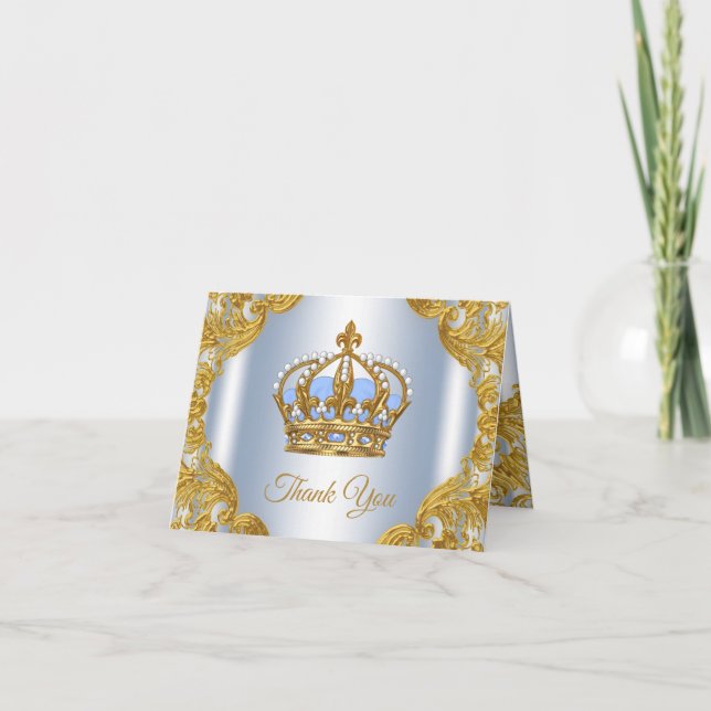 Baby Blue Gold Prince Baby Shower Thank You Cards (Front)