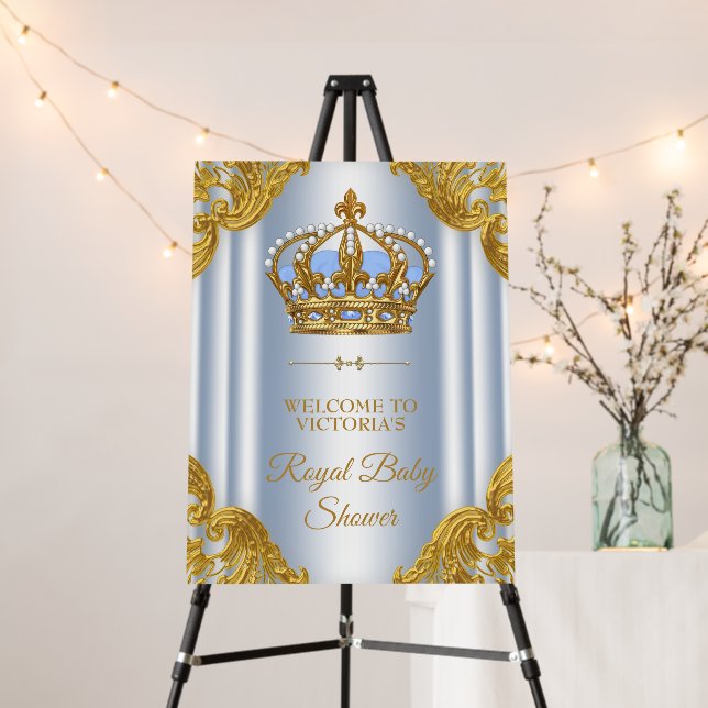 Baby Blue Gold Prince Baby Shower Welcome Sign (In Situ (Stand))