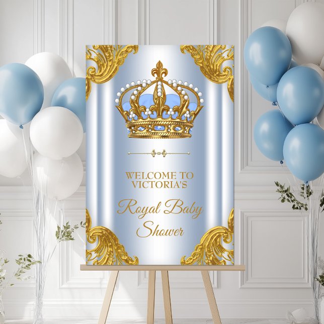 Baby Blue Gold Prince Baby Shower Welcome Sign (Baby blue and gold prince baby shower welcome sign. Simply add your event details.)