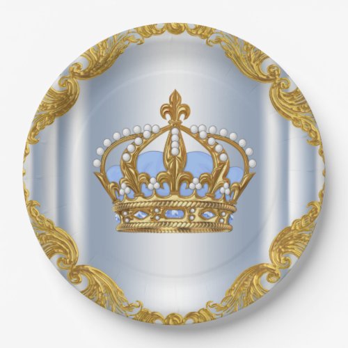 Baby Blue Gold Prince Paper Plates