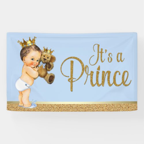 Baby Blue Gold Prince Teddy Bear Baby Shower Banner