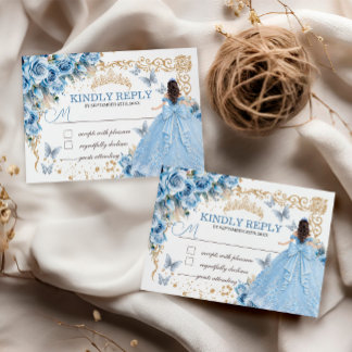 Baby Blue Gold Princess Quinceañera RSVP Card