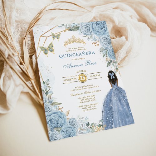 Baby Blue Gold Quinceaera Butterfly Princess Invitation