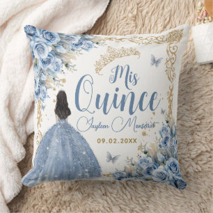 Baby Blue Gold Quinceanera Princess Butterfly Throw Pillow