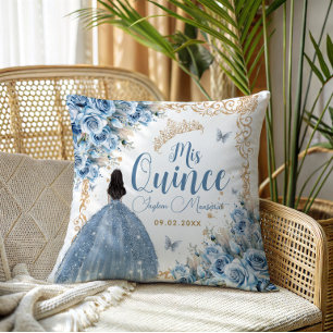 Baby Blue Gold Quinceanera Princess Butterfly Throw Pillow