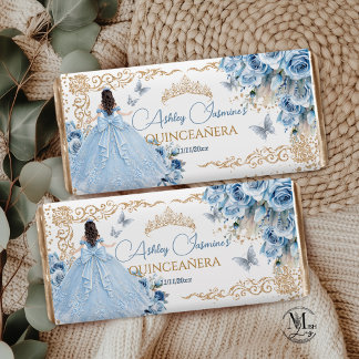 Baby Blue Gold Quinceañera Princess Gown Hershey Bar Favors