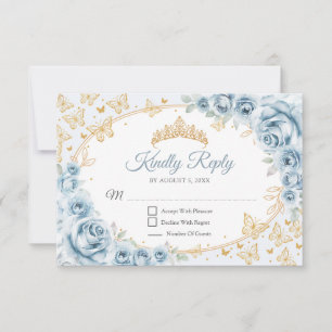 Baby Blue Gold Quinceanera Reply RSVP Card