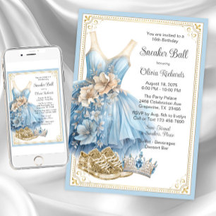 Baby Blue Gold Sneaker Ball Birthday Party  Invitation