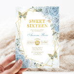 Baby Blue Gold Sweet 16 Butterfly Geometric Frame Invitation<br><div class="desc">The perfect invitation for your daughter's sweet 16 is finally here! This chic invite features elegant watercolor dusty blue roses,  sweet butterflies and modern geometric gold frame.  Click the "customize further" button if you wish to re-arrange and format the style and placement of the text.</div>