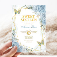 Baby Blue Gold Sweet 16 Butterfly Geometric Frame