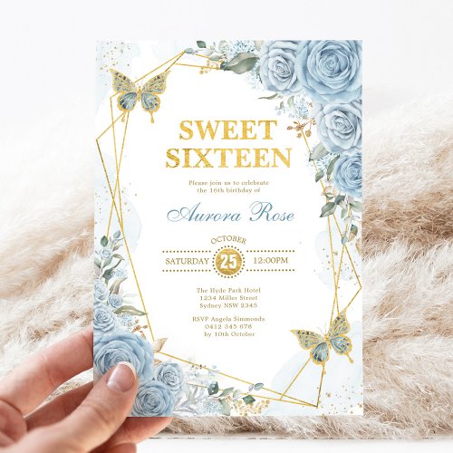 Baby Blue Gold Sweet 16 Butterfly Geometric Frame Invitation