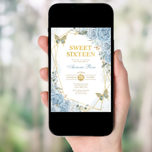 Baby Blue Gold Sweet 16 Butterfly Geometric Frame Invitation (Front Digital)