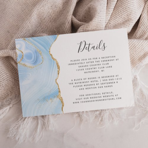 Baby Blue Gold Watercolor Agate Wedding Details Enclosure Card