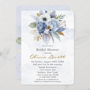 Baby Blue Gold Watercolor Peony Chic Bridal Shower Invitation
