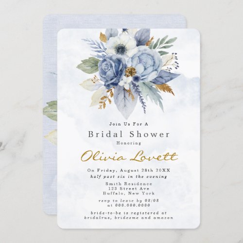 Baby Blue Gold Watercolor Peony Chic Bridal Shower Invitation