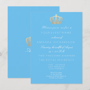Baby Blue Golden Crown Royal Pastel White Invitation