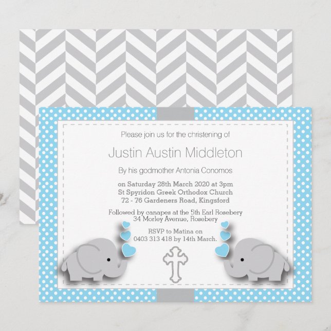Baby Blue & Gray Elephant 🐘 Baby - Christening Invitation (Front/Back)