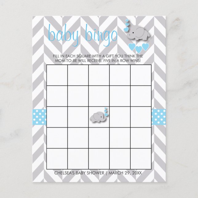 Baby Blue & Gray Elephant Baby Shower - Bingo Flyer (Front)