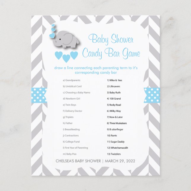 Baby Blue & Gray Elephant Baby Shower - Candy Bar Flyer (Front)