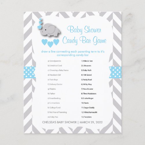 Baby Blue  Gray Elephant Baby Shower _ Candy Bar Flyer