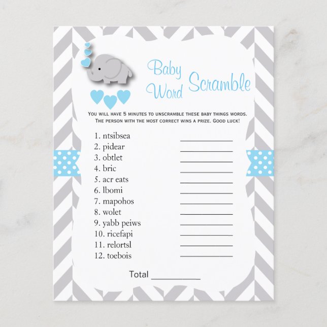 Baby Blue & Gray Elephant Baby Shower - Scramble Flyer (Front)