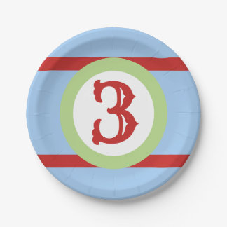 Baby Blue Green and Red Custom Number Birthday Paper Plates