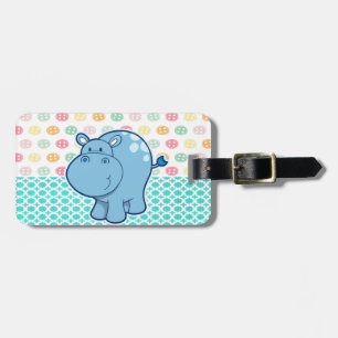 Baby blue hippo on colorful buttons background luggage tag