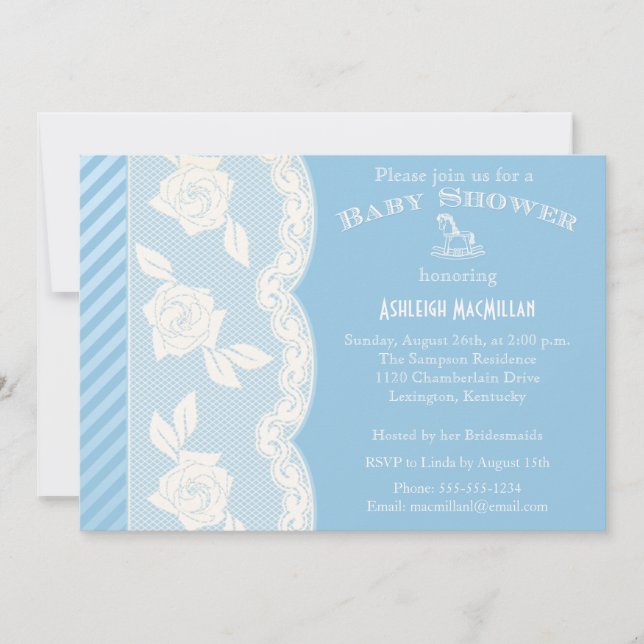 Baby Blue, Ivory Floral Lace Baby Shower Invite (Front)