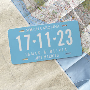 Baby Blue Just Married Custom Wedding License Plate