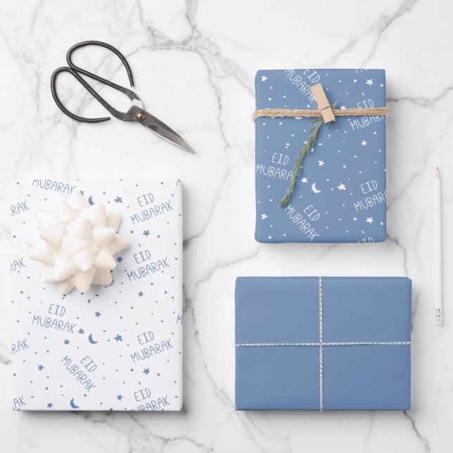 Baby Blue Kids Eid Mubarak Wrapping Paper Sheets (Front)