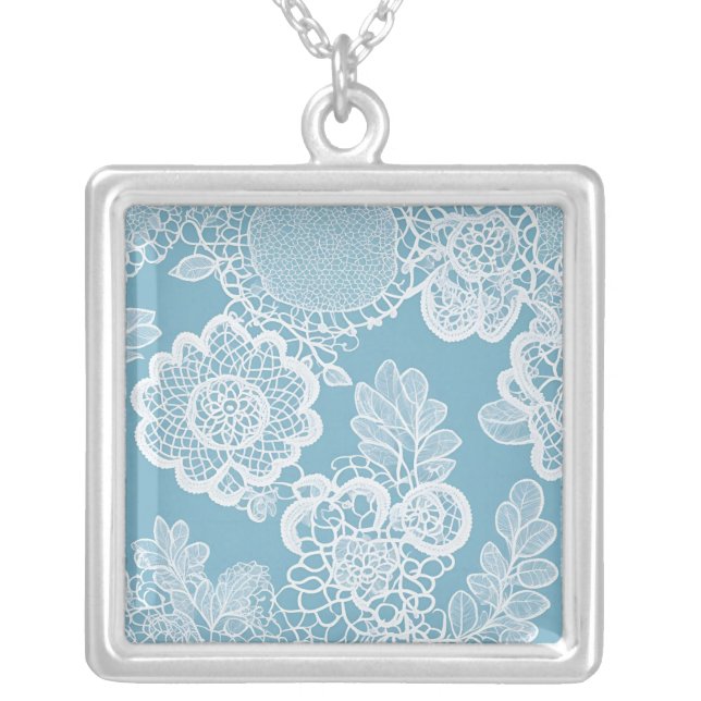 Baby Blue Lace AI art  Silver Plated Necklace (Front)