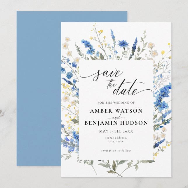 Baby Blue Light Dainty Wild Floral Save The Date Invitation (Front/Back)