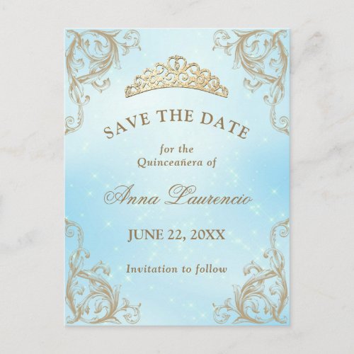 Baby Blue Light Gold Quinceanera Save The Date Postcard