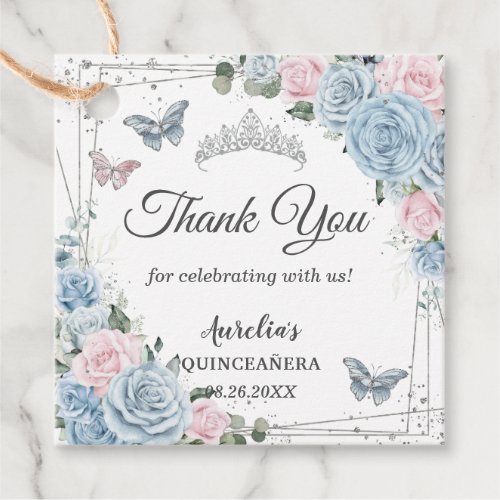 Baby Blue Light Pink Floral Butterfly Quinceaera Favor Tags