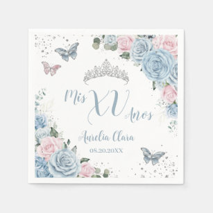 Baby Blue Light Pink Floral Butterfly Quinceañera Napkins