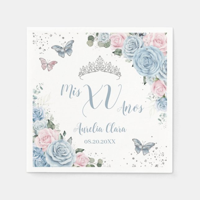 Baby Blue Light Pink Floral Butterfly Quinceañera Napkins (Front)