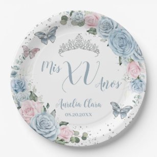 Baby Blue Light Pink Floral Butterfly Quinceañera Paper Plates