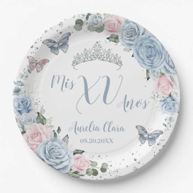 Baby Blue Light Pink Floral Butterfly Quinceañera Paper Plates (Front)
