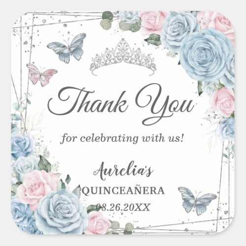 Baby Blue Light Pink Floral Butterfly Quinceaera Square Sticker