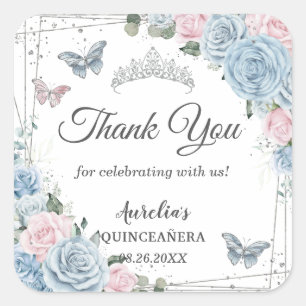 Baby Blue Light Pink Floral Butterfly Quinceañera Square Sticker