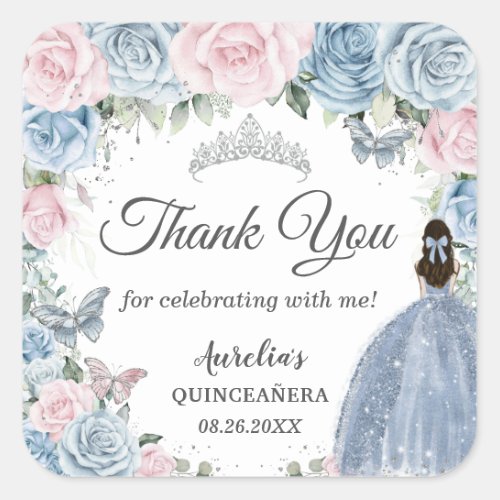 Baby Blue Light Pink Floral Princess Quinceaera Square Sticker