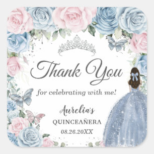 Baby Blue Light Pink Floral Princess Quinceañera Square Sticker