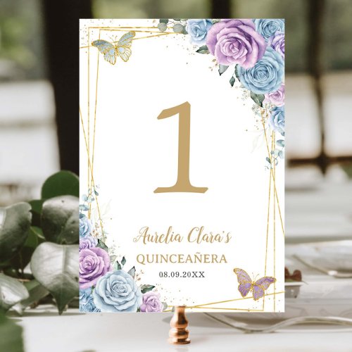 Baby Blue Lilac Floral Gold Quinceañera Sweet 16 