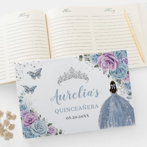 Baby Blue Lilac Floral Princess Silver Quinceaera Guest Book