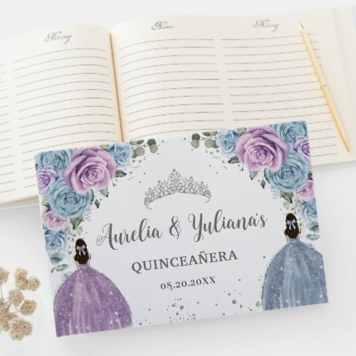 Baby Blue Lilac Floral Princesses Twin Quinceaera Guest Book