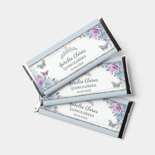 Baby Blue Lilac Floral Silver Quinceaera Sweet 16 Hershey Bar Favors