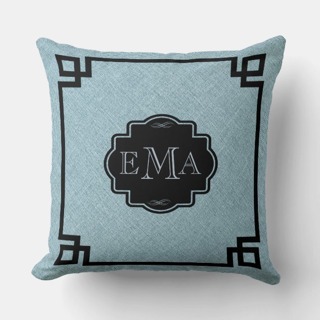 Baby Blue Linen Texture Black Frame & Monogram Throw Pillow (Front)